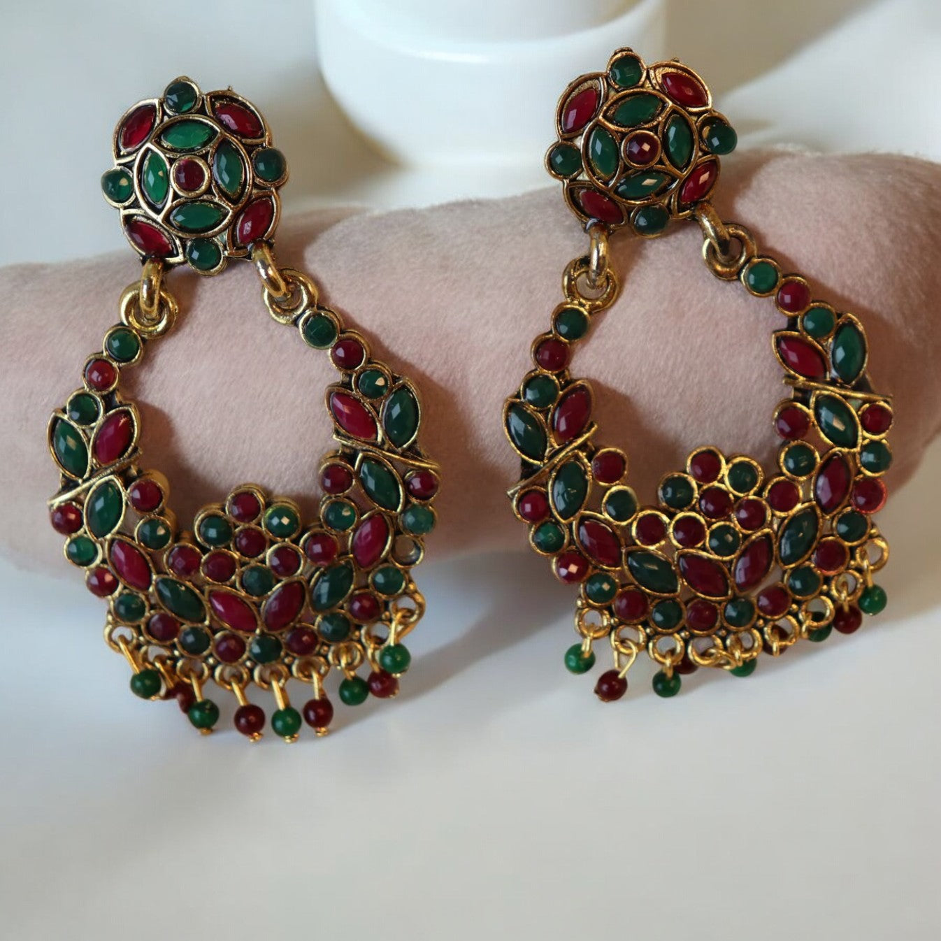 Pearl Red-Green Chandbali Earrings